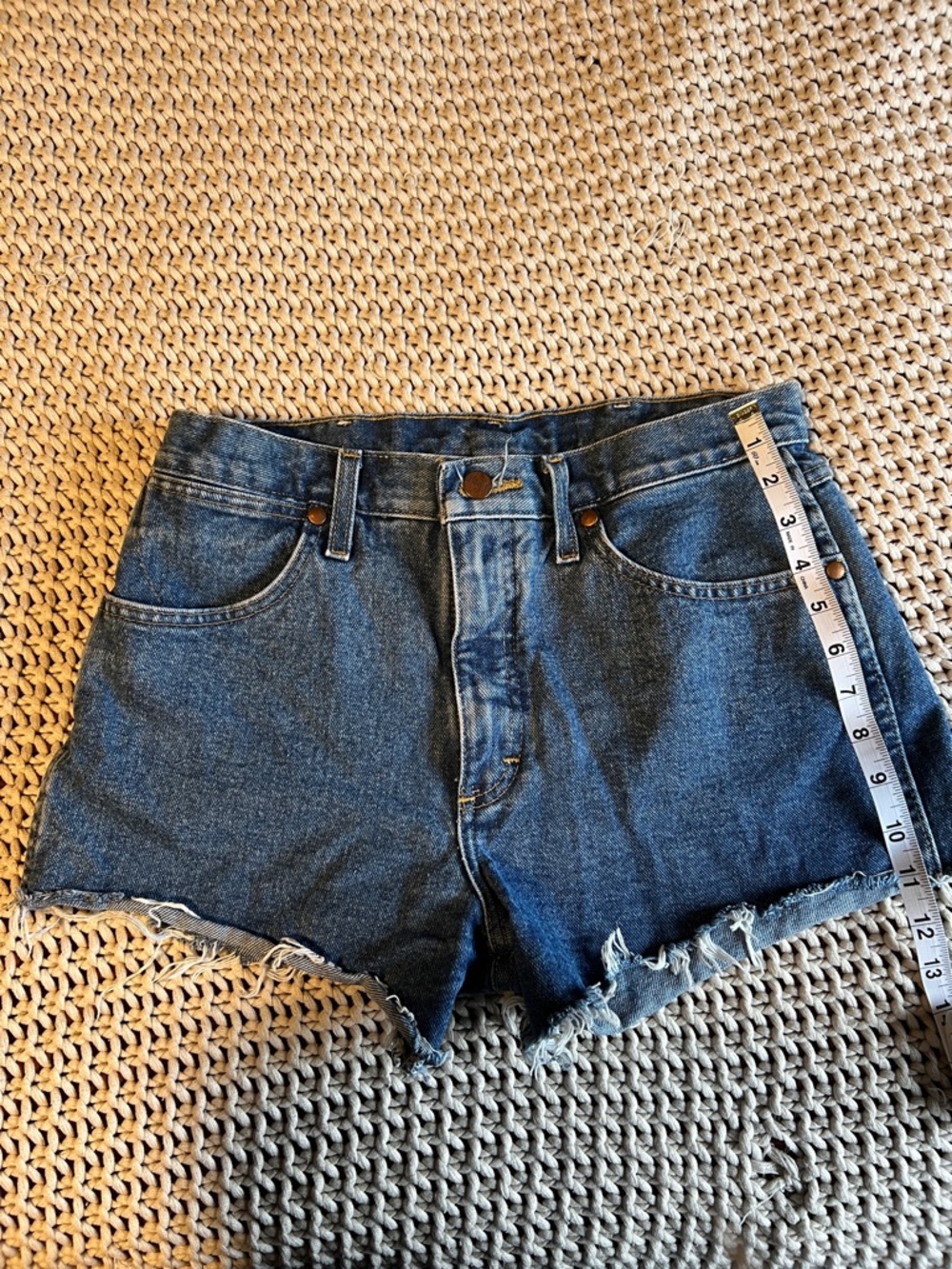 Wrangler Dark Blue Denim Cutoff Shorts with Frayed Hem